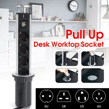 

2500W US/UK/EU/AU Plug Pull pop-up Electrical Socket 4 Power 2 charge USB Aluminum Shelf LED Desk Worktop Extension Table Home