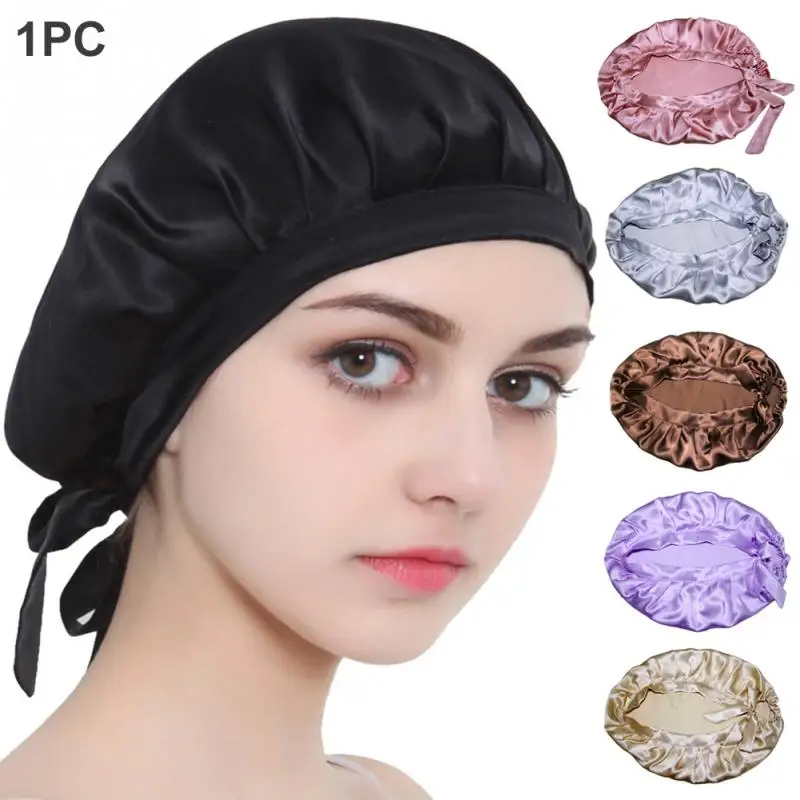 

Women Head Cover Hair Lace-up Sleeping Free Size Adjustable Soft Home Silk Cap