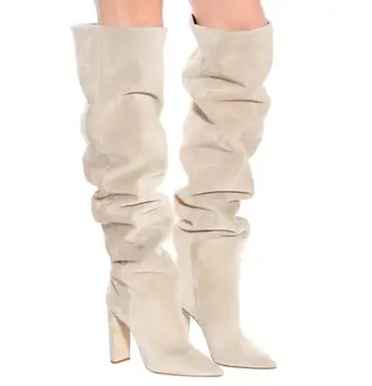 

Ladies' Winter Khaki Suede Knee High Boots Block Heel Pointed Toe Designer Shoes Women