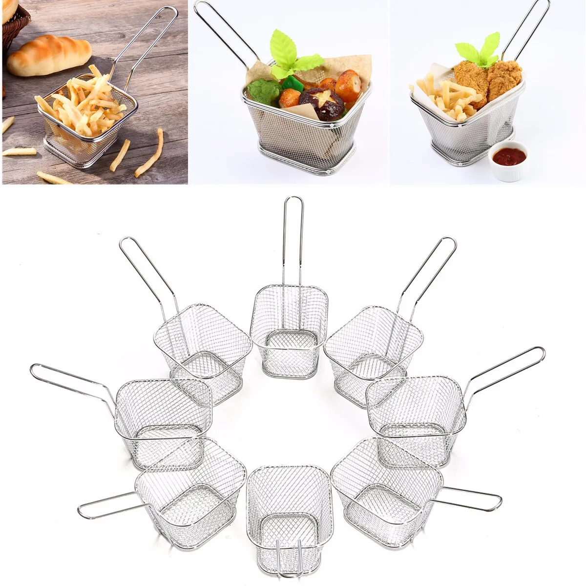 

8Pcs Mini Mesh Wire French Fry Chips Baskets Net Strainer Kitchen Cooking Tools Helper Electroplated Iron Wire 10.5x8.5x6.5cm