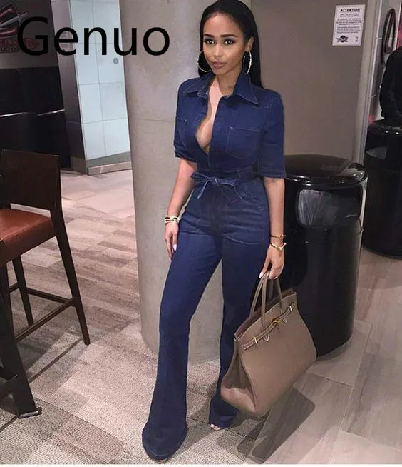 

Casual Denim Romper Jumpsuits for Women Solid One Piece Body Mujer Jean Jumpsuits with Sashes Summer Blue Overalls Plus Size
