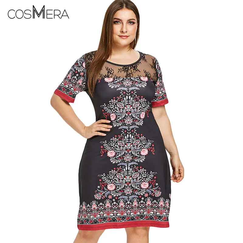 

COSMERA Plus Size Women Summer Lace Panel Printed Sheath Dress Vestidos Round Collar Short Sleeves Casual Midi Dress Big Size