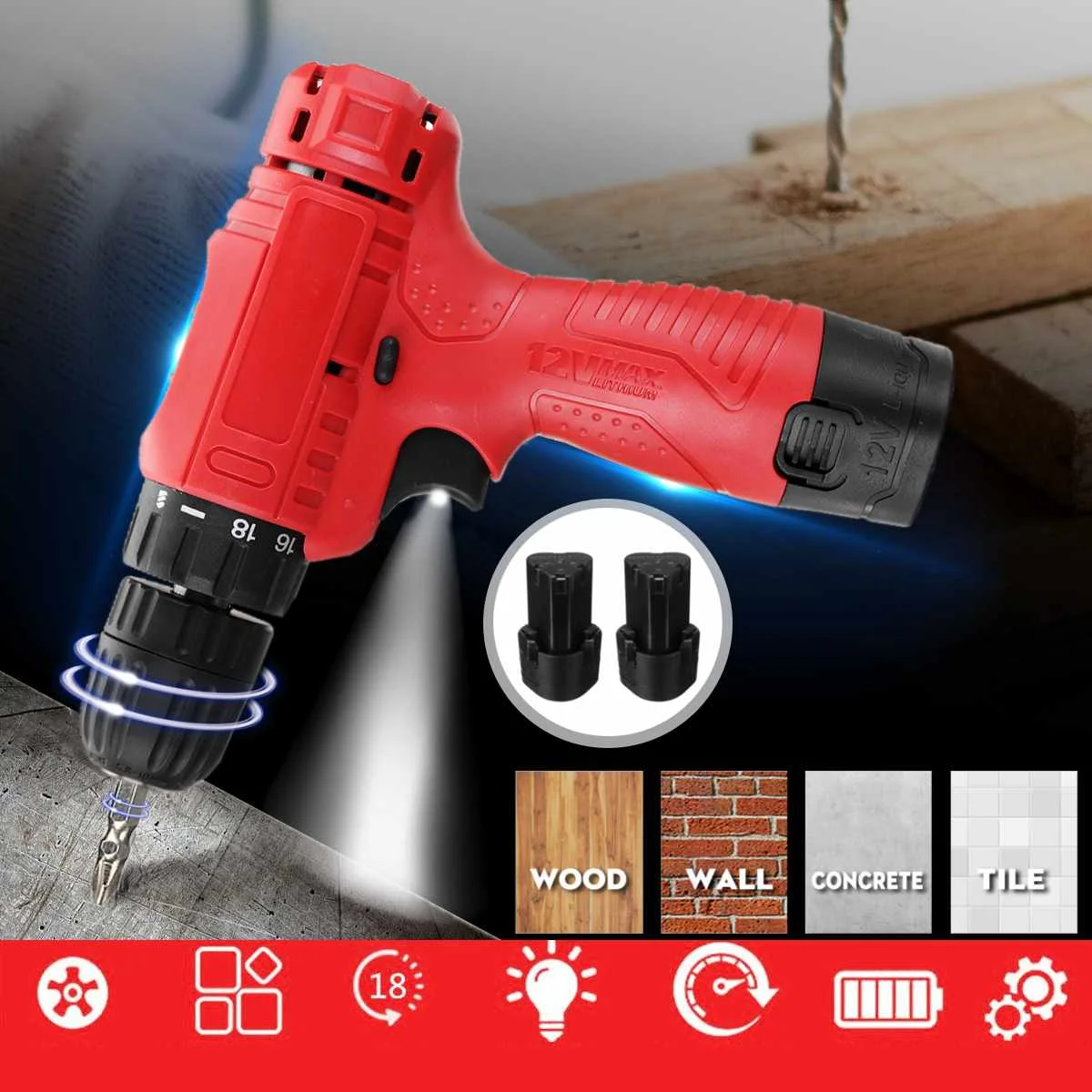 

12V Hand Electric Drill Cordless Electric Screwdriver Machine Power Tools Electric Drill Impact Tool Adjustment LED lighting