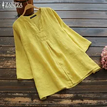 Топы-туники размера плюс, Женская хлопковая блузка, ZANZEA, рубашка с длинным рукавом, модная сорочка с v-образным вырезом, Женские базовые блузки