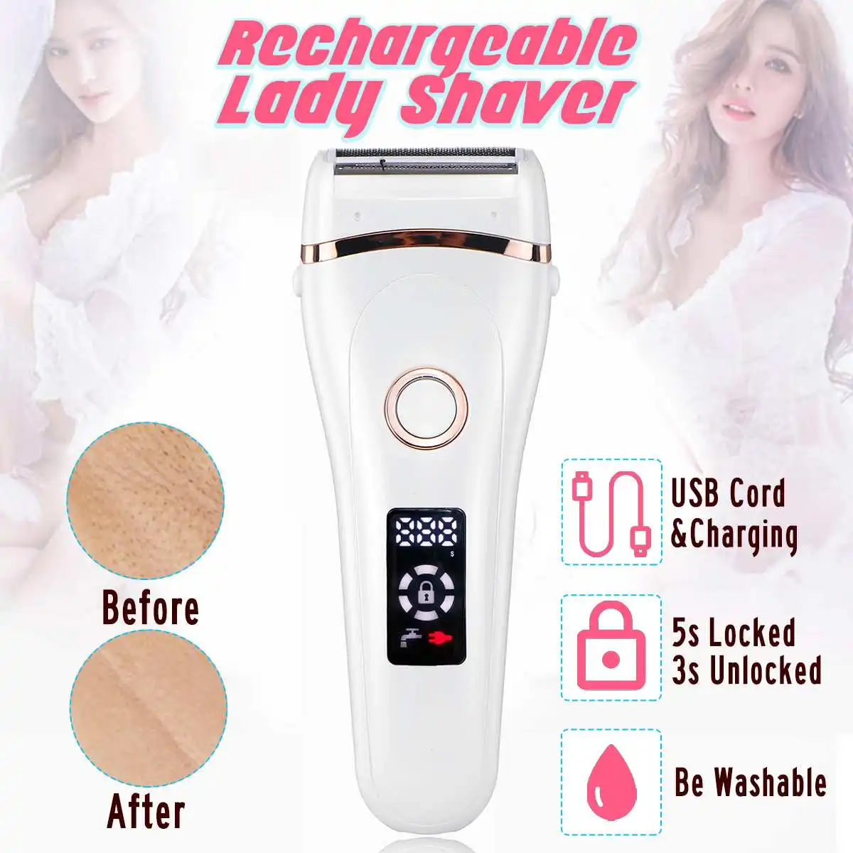 

Rechargeable LED Electric Shaver Women Hair Leg/Razor Removal Dry Wet Shaving 100V/240V 16x4cm Three-knife Combination White ABS