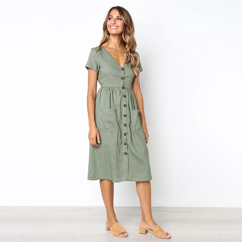 

2019 Summer Dress Women Tunic Solid Pocket Button Casual Dresses Short Sleeve V Neck Elegant Female Clothes Vestidos De Verano