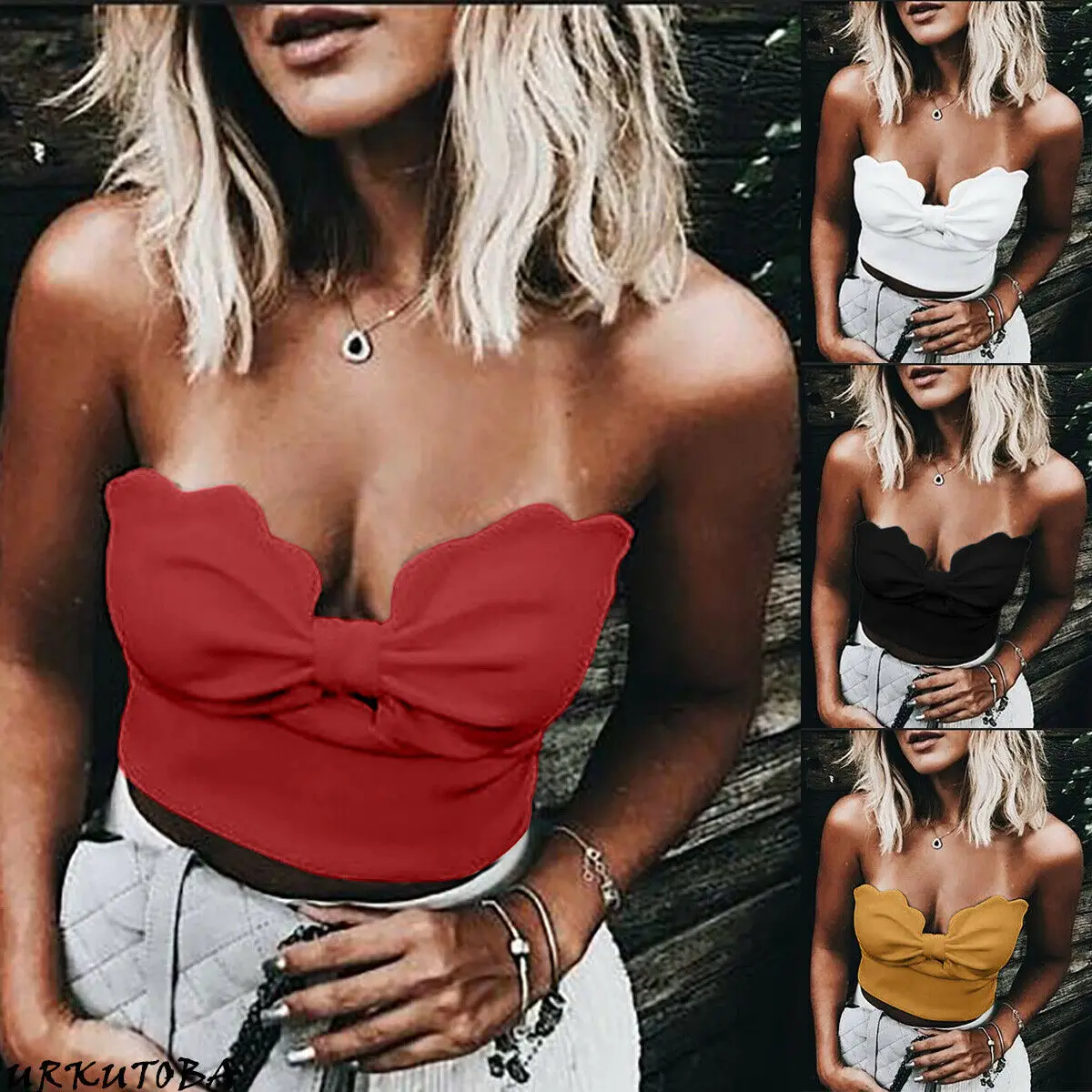 

Women's Irregular Vest Bra Tank Crop Top Tube Strapless Solid Bowknot Short Length Bandeau Stretch Clubwear