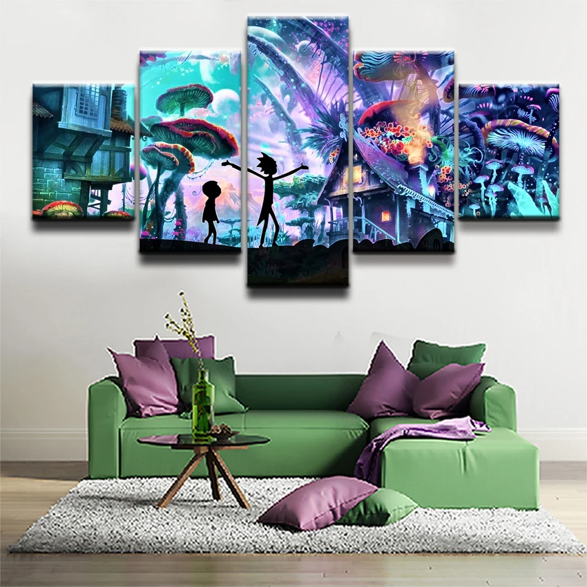 

Abstract Painting Canvas Printed Animated Science Fiction Comedy Picture 5 Pieces Rick And Morty Poster Home Decor Wall Art Draw