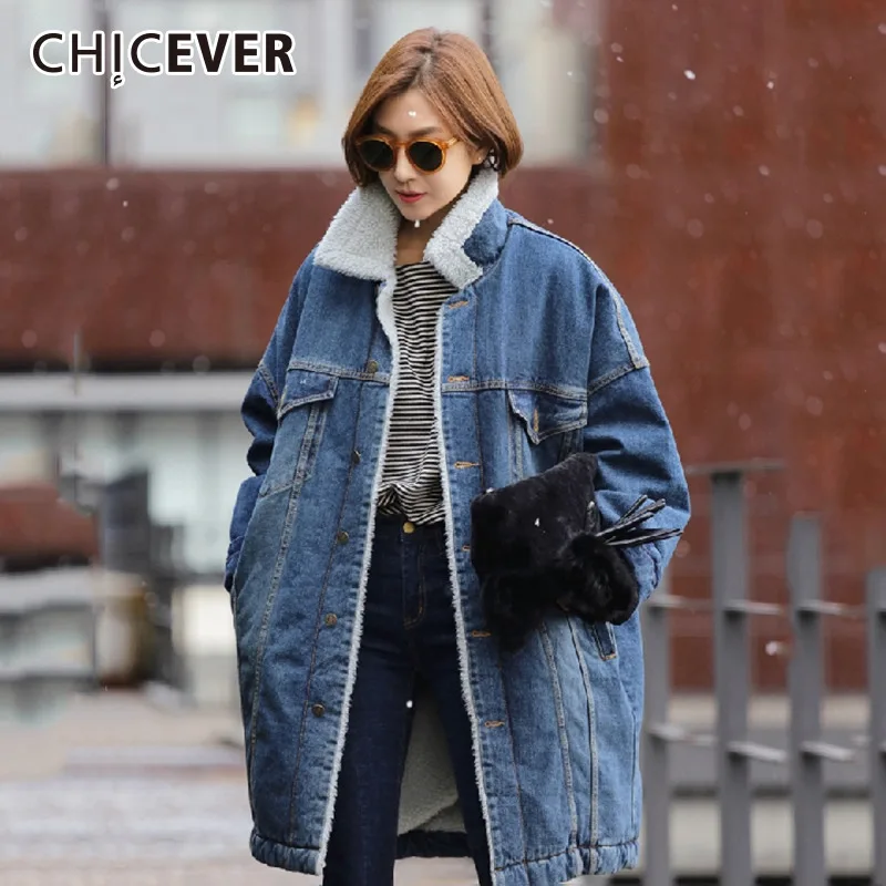 

CHICEVER Plus Size Denim Trench Coat For Women Lambswool Windbreaker Loose Keep Warm Coats Female Oversize Clothes Korean New