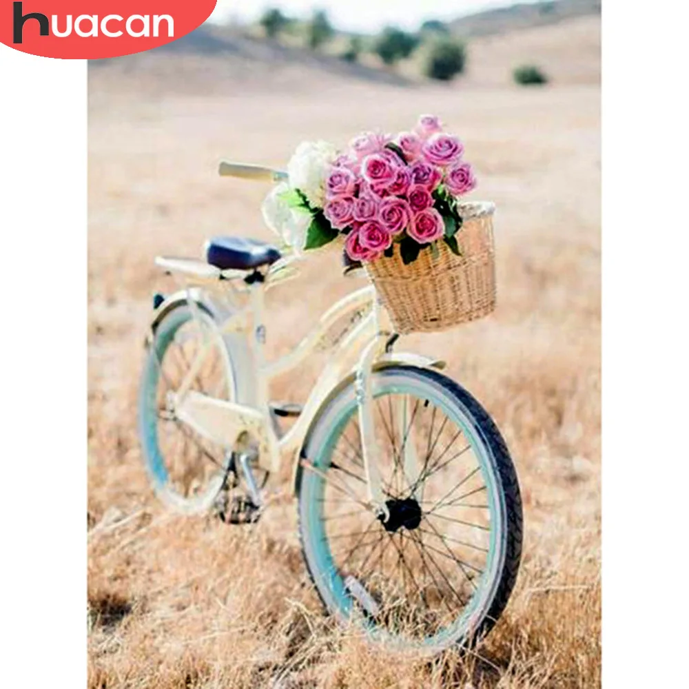 

HUACAN DIY Diamond Embroidery Rose With Bicycle Full Square Landscape Diamond Painting Full Square Mosaic Rhinestone Home Decor
