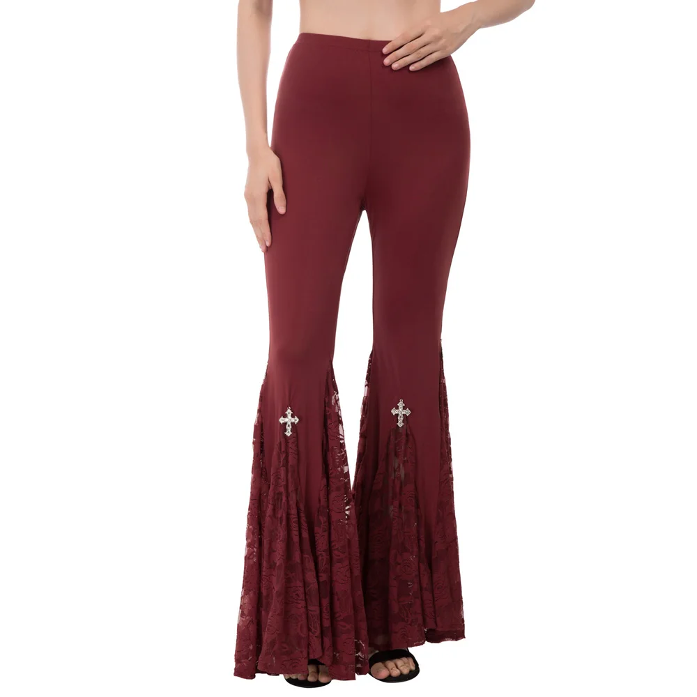 

retro gothic punk rock Lace stitching flared pants red black lolita sexy chic Stretch Bell Bottoms pantalon Flared Long Pants