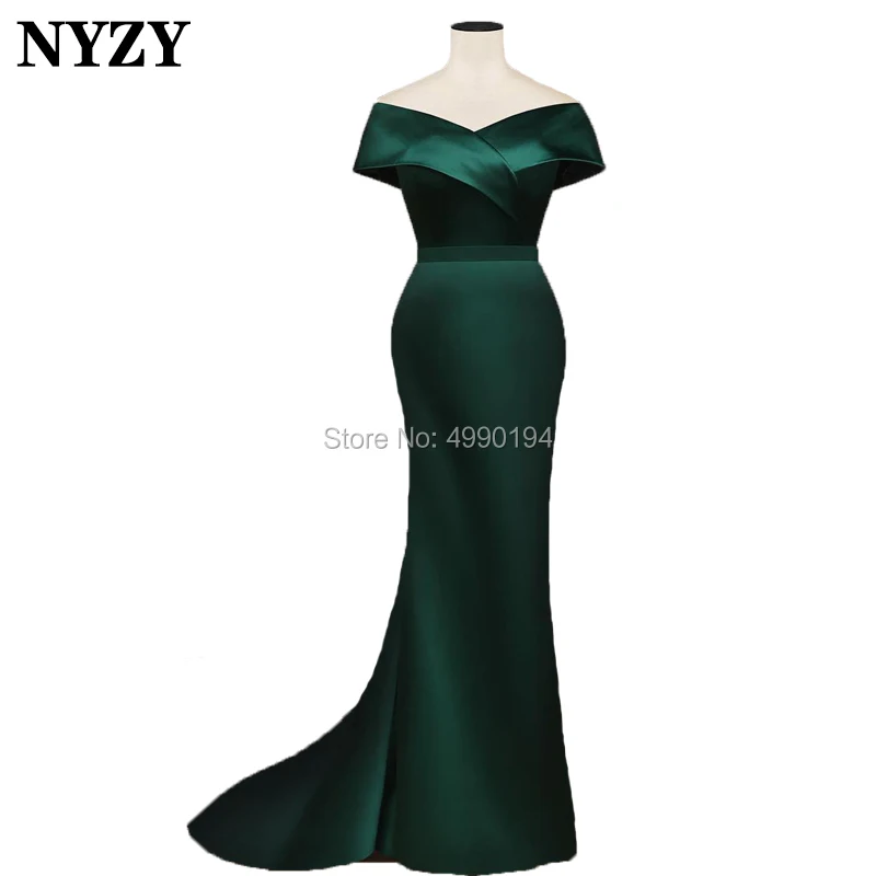 NYZY E60 Emerald Green Evening Dresses Long Mermaid Off Shoulder Satin Simple Elegant Party Gown vestidos de festa 2019