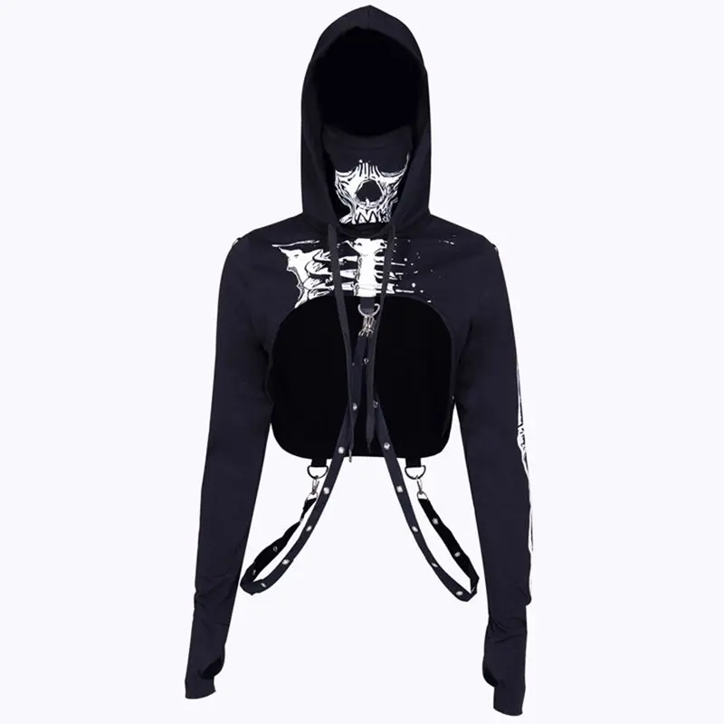

Women 3D Skull Print Hoodie Sweatshirt Drawstring Hooded Top Goth Trendy Casual Streetwear Girl Cool Sexy Navel Cropped Hoodies