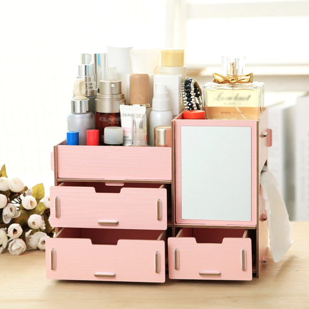 

Multifunctional Desktop Storage Box Wooden Makeup Organizer Drawers Big Capacity Jewelry Mirror Storage Box Makeup Organizer