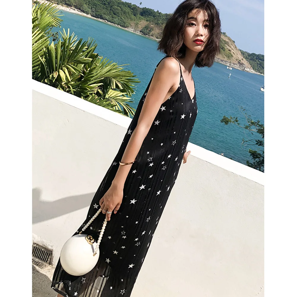 

Wipalo Women Summer Beach Spaghetti Strap Chiffon Dress Star Printing Casual Holiday Dress Mid Calf Straight Ladies Vestidos