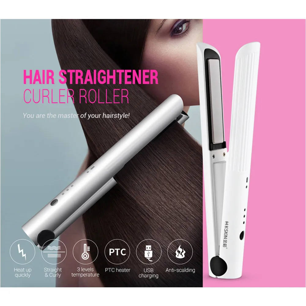 

K-SKIN KD-386 Portable Rechargeable Hair Straightener Curler Ceramic Iron Styling Tool Cordless Adjustable Temperature Fast Heat