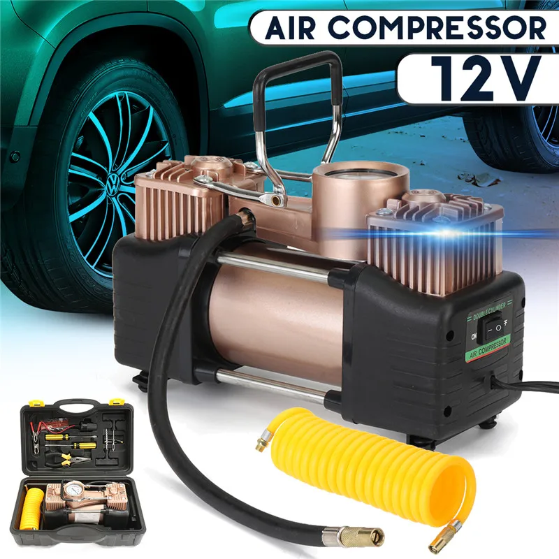 

150PS Air Compressor Car Tyre Inflator Double Cylinder Metal Tire Inflator Pressure Air Pump+repair kit Pressure Preset 12v
