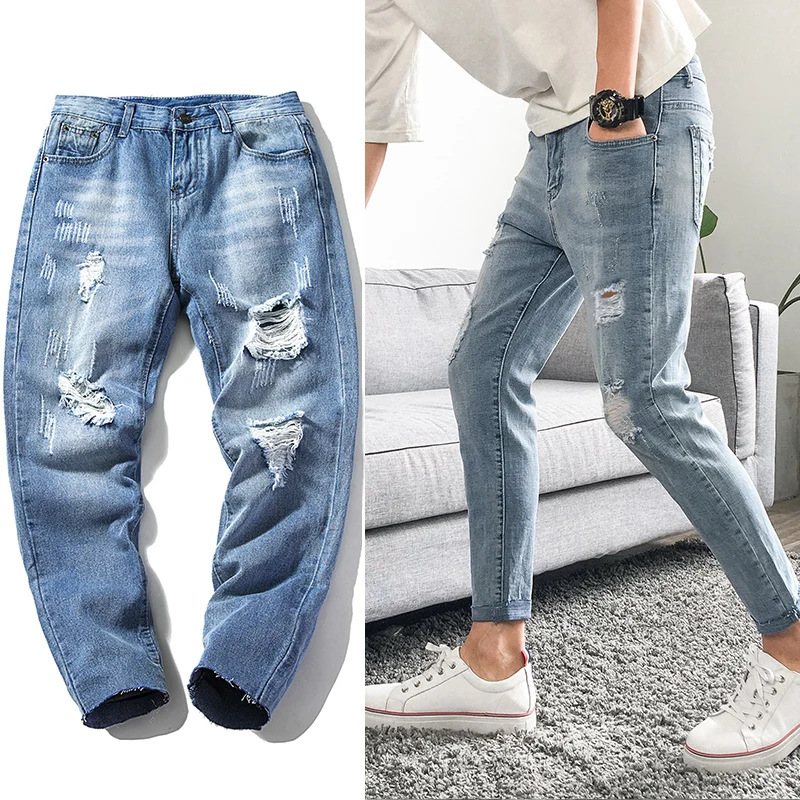 Новые летние мужские узкие джинсы мода мыть сплошной цвет Рваные дыры джинсовые штаны человек уличная хип хоп ковбойские брюки мужской
