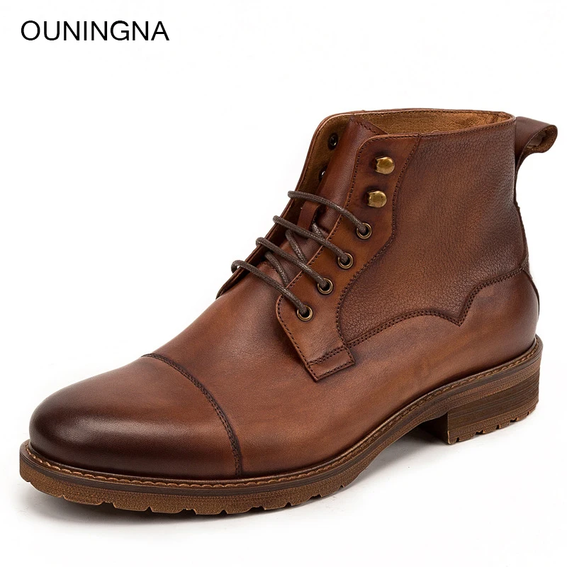 

OUNINGNA Handmade Men's Shoes 2019 New Autumn Winter Genuine Leather Tound Toe England Style Martin Boots Chelsea Boot plus size