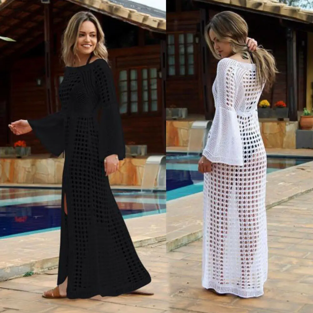 

2019 New Style Fashion Hot Women's Beach Bikini Cover up Long Summer Long Sleeve Solid Hollow Out Swimwear