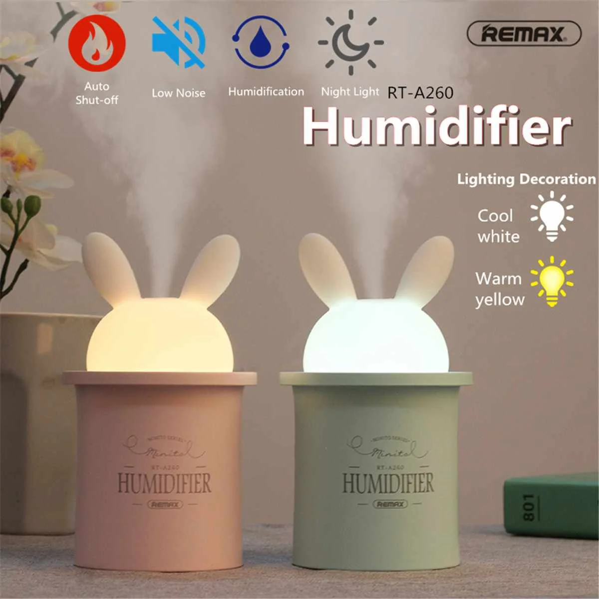 

Cute Rabbit Air Humidifiers 280ML USB Mini Air Aromatherapy Diffuser Humidifier Warm Lamp LED Light Quiet Aro ma Mist Maker