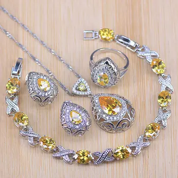 

Pear Silver Color Bridal Jewelry Sparking Yellow Zircon Jewelry Set For Women Earrings/Pendant/Necklace/Rings/Bracelet