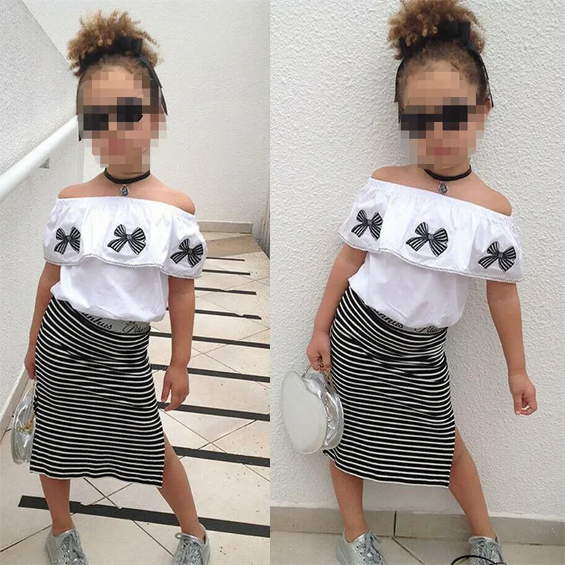 

Fashion Kid Baby Girl 2Pcs Outfits Summer Girl Off Shoulder Bow Tops T-Shirts Striped Bodycon Skirts Girl Clothes Sets 2-7Y