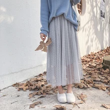Распродажа, топ, длинная юбка Faldas, Женская плиссированная юбка, сетка, натуральная Талия, до середины икры, длина, Осень-зима, повседневная