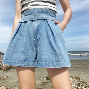 

2019 Blue Casual Button Wide Leg Pants Female High Waist Denim Shorts Spring Summer Vintage Loose Shorts