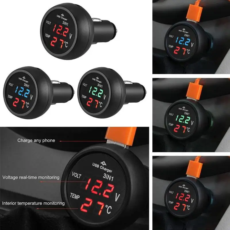 3 in 1 12/24V Car Auto LED Digital Voltmeter Gauge+Thermometer+USB Charger High Quality Auto Replacement Parts Gauges Promotion