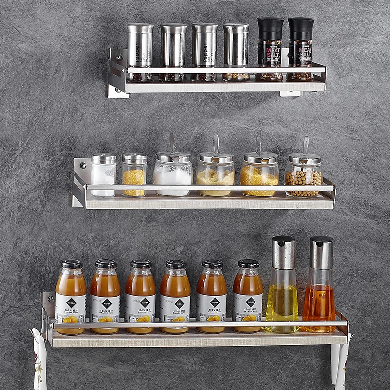 

Houmaid Kitchenware Single Layer Wooden Shelves Wall Mounted Stainless Steel Storage Rack Flavouring Bathroom Storage Holder