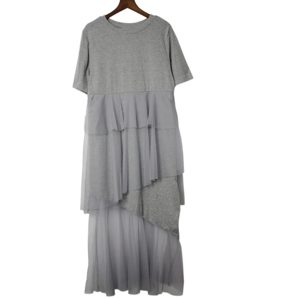 Women 2019 Summer New Korea Fashion O-neck Short Sleeve Loose Dress Female Patchwork Mesh Mid-calf | Женская одежда