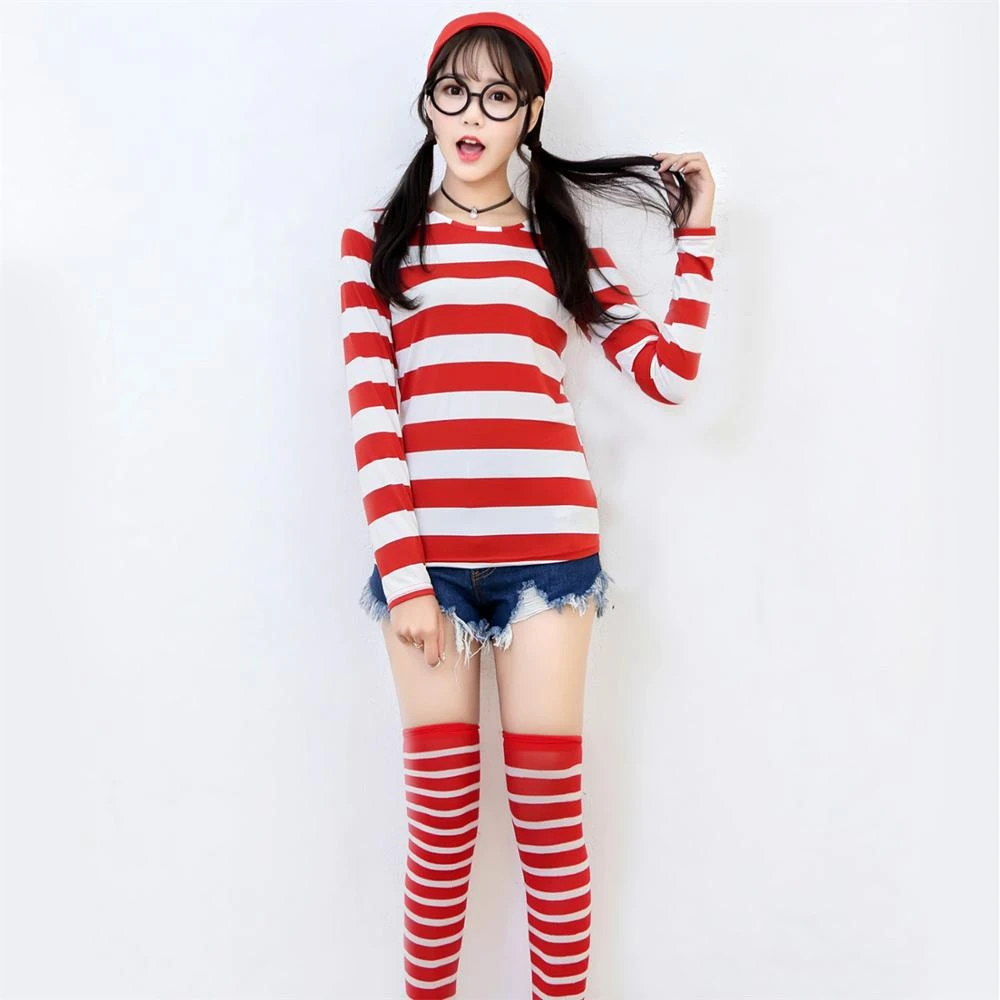 Adult Women Girl�s Where�s Waldo Costume Where Is Wally Long Sleeve Shirt  With Glasses And Stockings| | - Aliexpress Adult Women Girl�s Where�s Waldo Costume Where Is Wally Long Sleeve Shirt  With Glasses And Stockings| | - Aliexpress