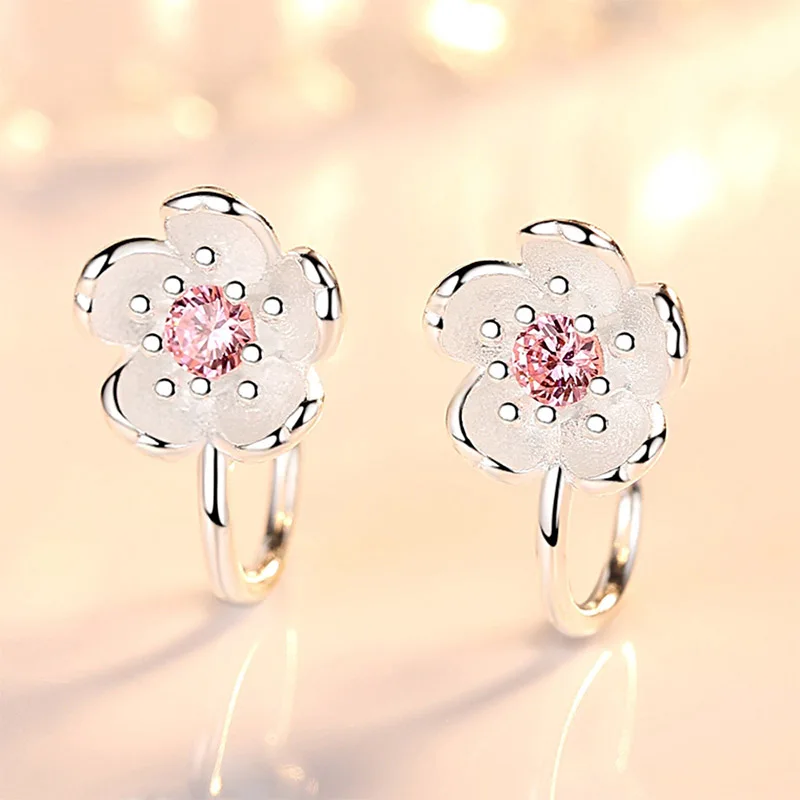 

Ear Clip Flower Party 1Pair Pink No Hole Sweet Without Piercing Hot Sale Crystal Korea Style Cherry Blossom Purple Women