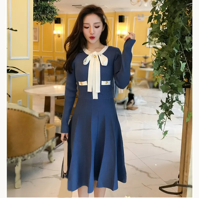 

Autumn Spring Women Pleated A-line Dress Vintage Female Long Sleeve Bow Dress Elegant Slim Midi Dress
