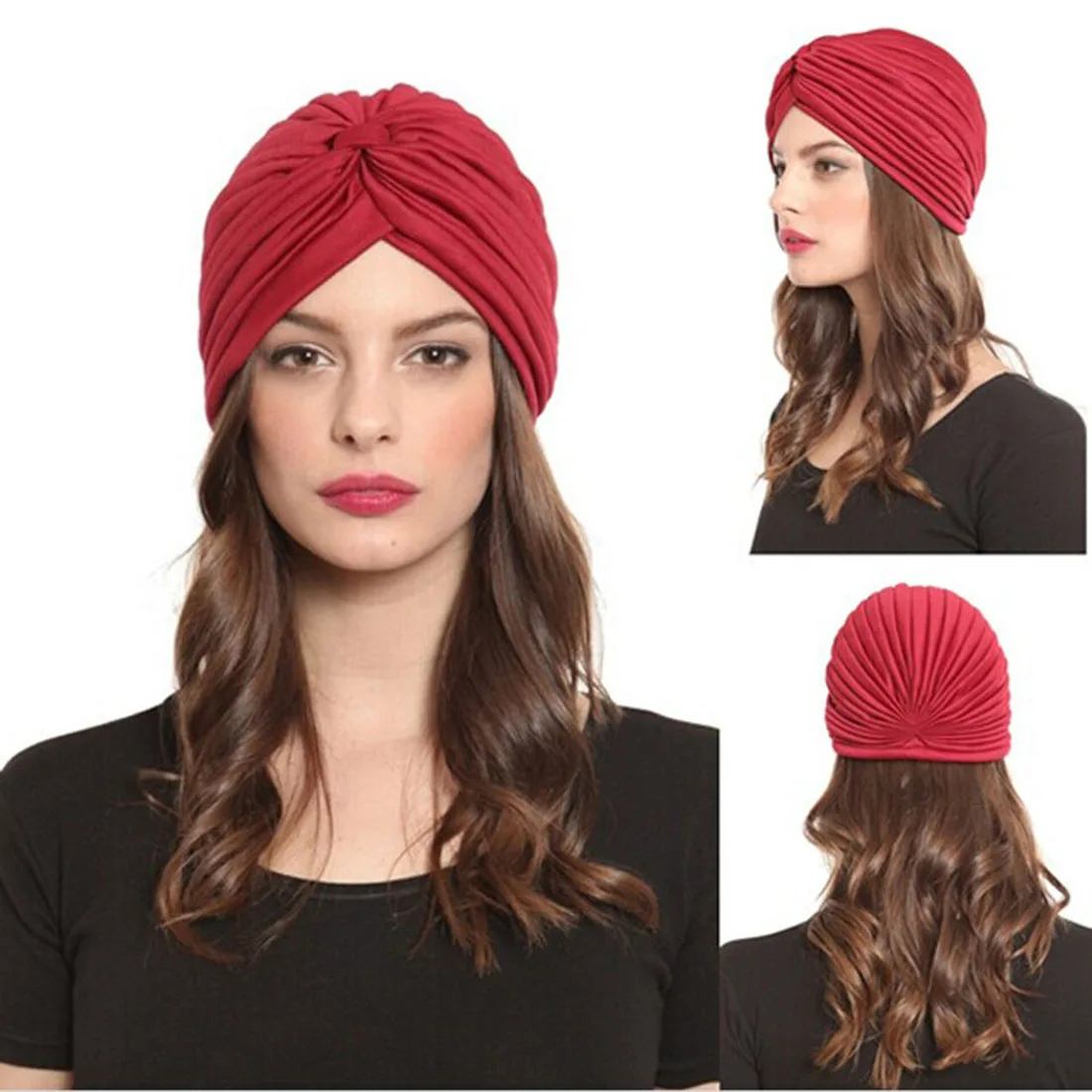 Femmes Lady solide couleur nœud Turban Chapeau Extensible Indian Style Cheveux Head Wrap Cap 