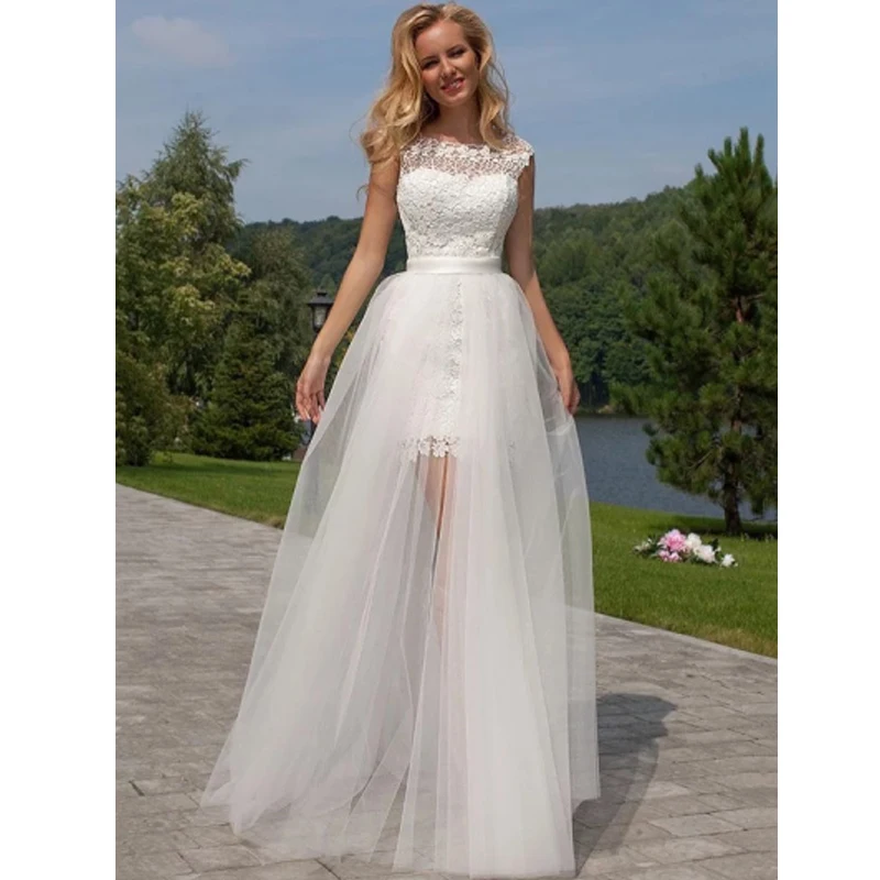 

Short Lace Wedding Dress 2019 Detachable Train Bride Dresses Elegant Summer Bridal Gowns