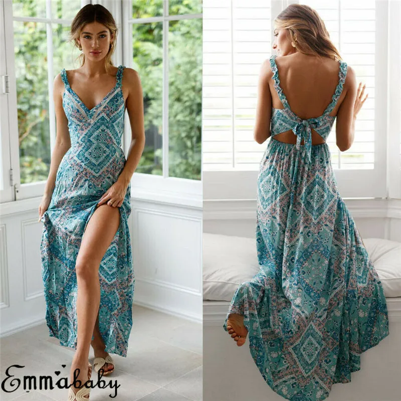 

2019 Fashion Women Long Boho Maxi Evening Party Dress Summer Sleeveless Backless Holiday Print Beach Dresses Sexy