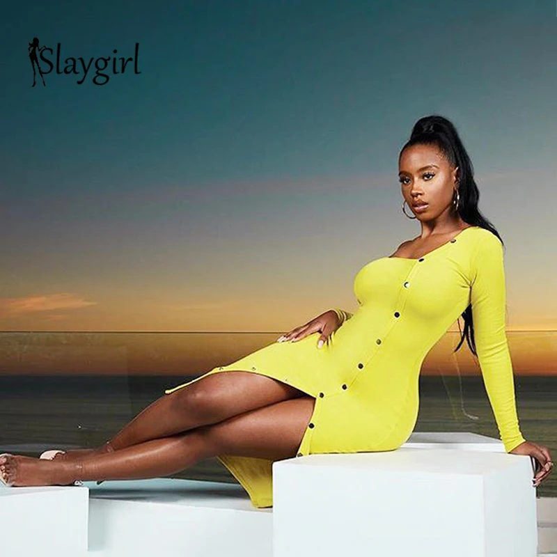 Женское облегающее платье на пуговицах Slaygirl желтое однотонное Клубное с длинным