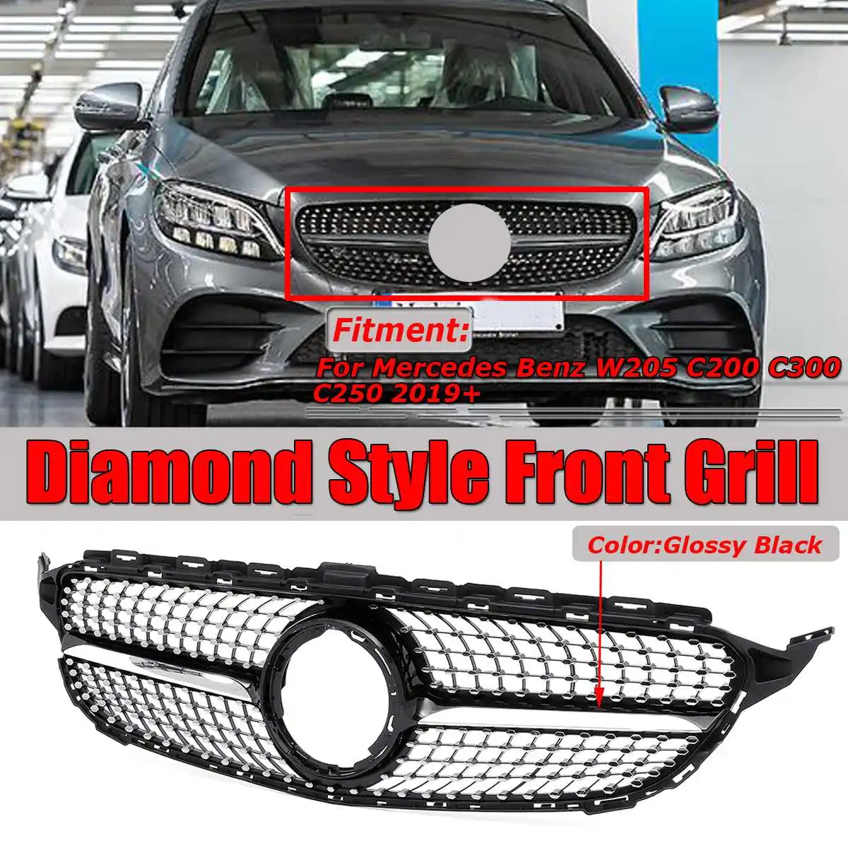 Golssy Black / Chrome Silver Diamond Style Car Front Grille Grill Cover