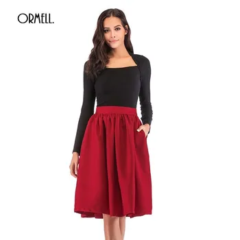 

ORMELL Solid Casual Pockets Ladies Pleated Skirt Fashion Retro Summer Knee Length A-Line Spring Black Red Green Skirt Womens