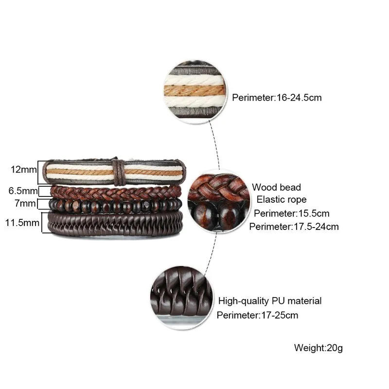 Повседневный мужской кожаный браслет, деревянные бусины, ручная плетеная многослойная Регулируемая обёрточная бумага, мужские аксессуары