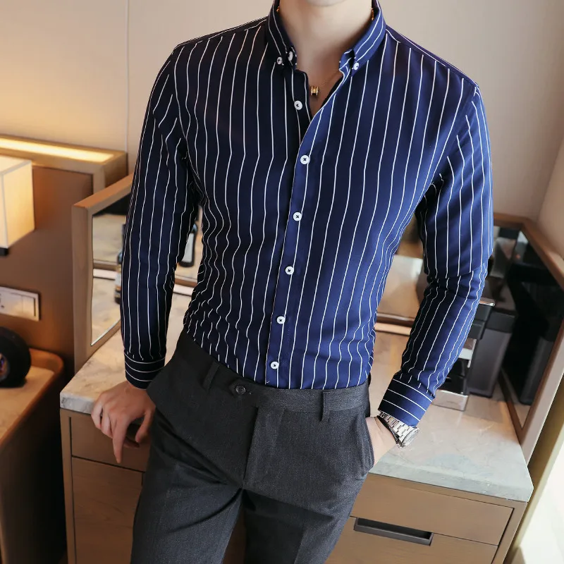 YY-qianqian Mens Stripe Slim Shirt Fashion Long Sleeve Button Down Dress Shirts