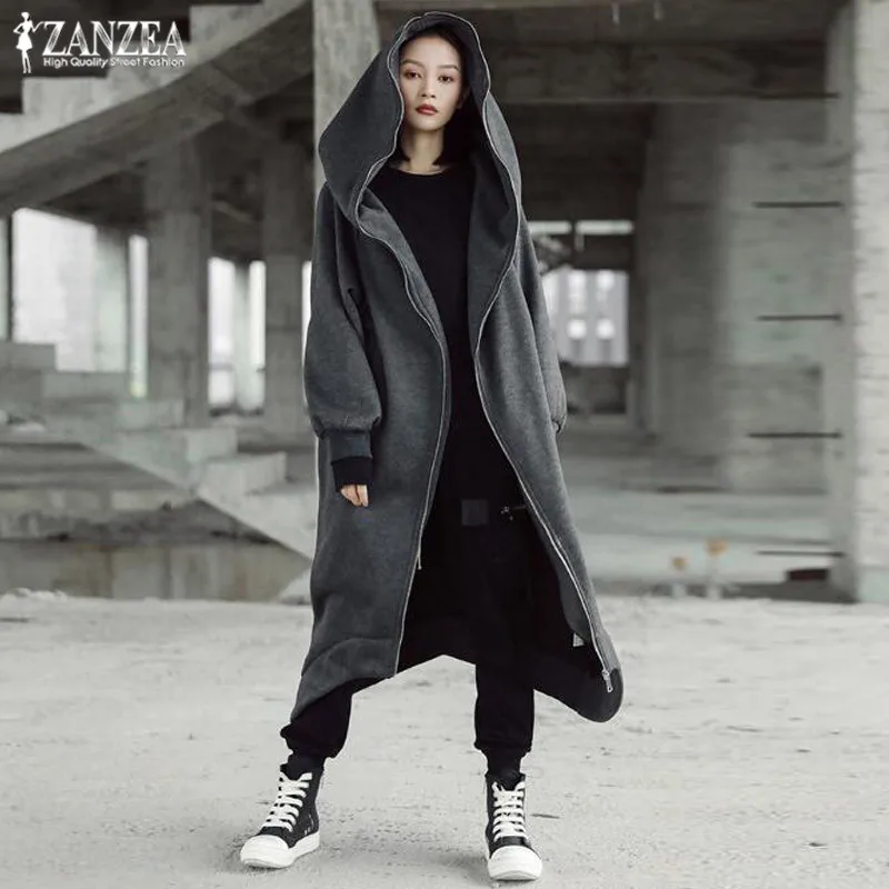 Зимние женские пальто с капюшоном куртки ZANZEA женские длинные куртки на молнии с длинным рукавом Женская Длинная Верхняя одежда размера плюс ветровки