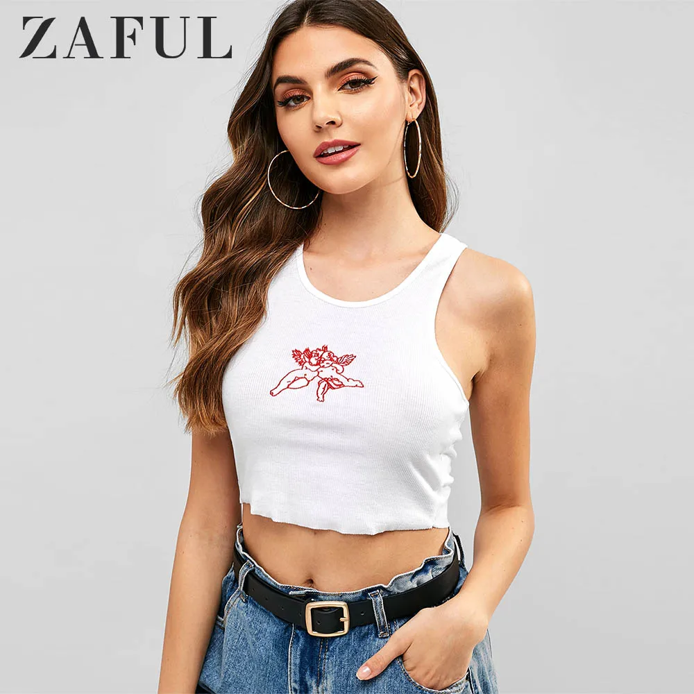 

ZAFUL Embroidered Knit Raw Hem Tank Top Round Neck Elastic Thin Vintage Women Aesthetic Tops Streetwear Blusas Women Clothes2019