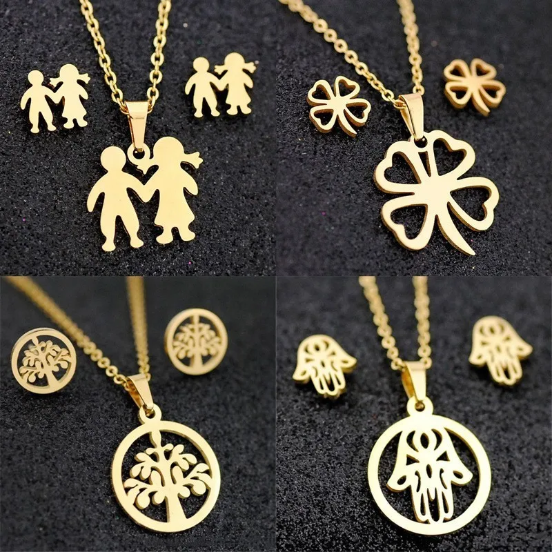 

2019 New Arrive Life Tree Anchor Crown Women Jewelry Sets Stainless Steel Pendant Necklace Stud Earrings Sets For Women Jewelry