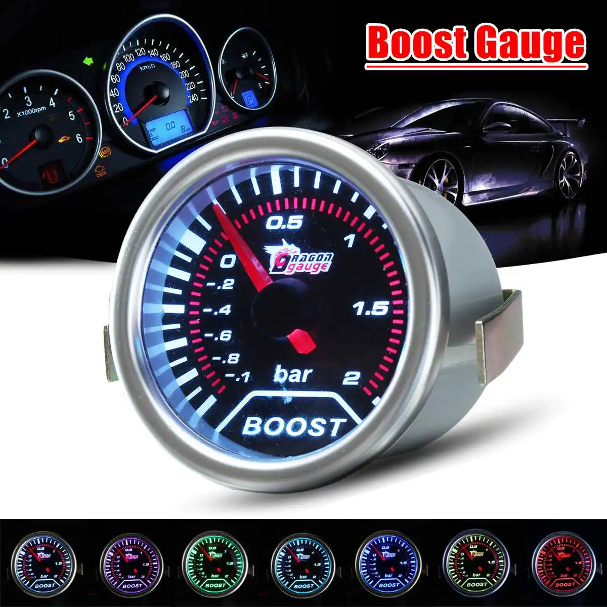 

12V 2 Inch 52mm 7 Color LED Turbo Boost Car LED Gauge Gauge Vacuum Press Meter Smoke Lens Universal Gauge Vacuum Press Meter
