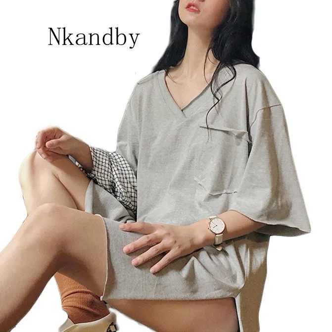 

V Neck Long T Shirt Women Casual Loose Split Solid Tshirt Ladies Top 2019 Summer Korean Fashion Clothing Harajuku Female T-shirt