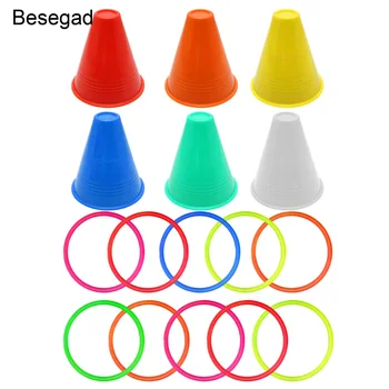 

Besegad 10pcs Plastic Hoop Ring Toss Quoits with 6pcs Plastic Cone Garden Game Pool Toy for Kids Carnival Combo Party Game Toys