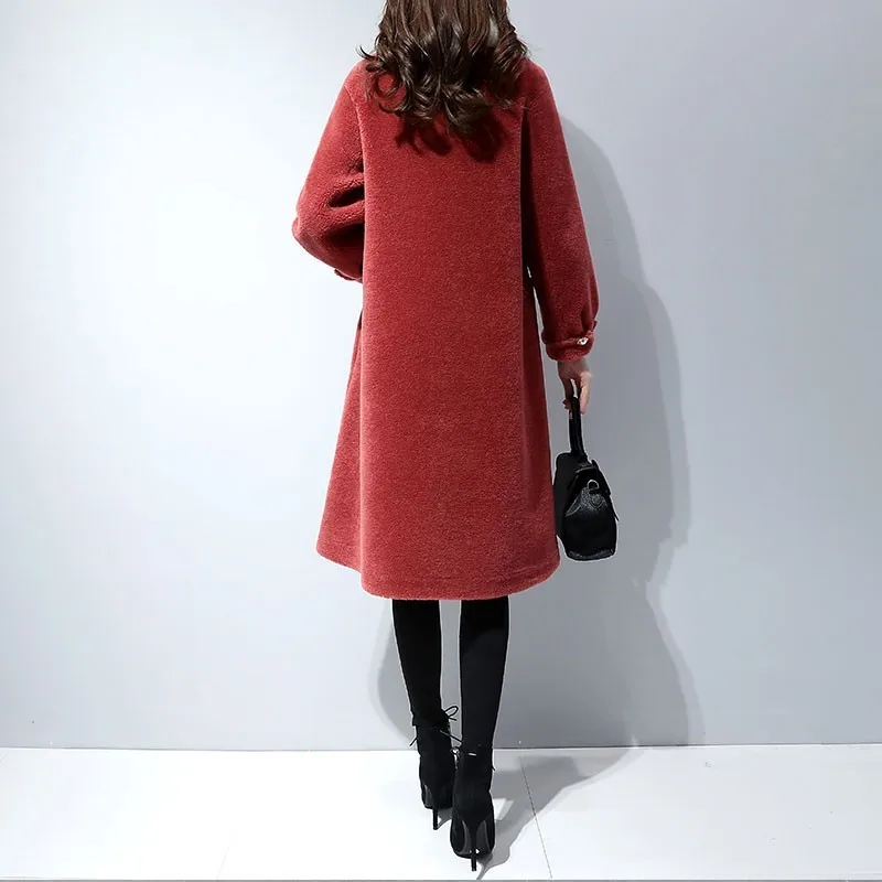 Новинка, Женское зимнее пальто большого размера, пальто из овечьей шерсти, длинное красное шерстяное модное пальто L-5XL AS234